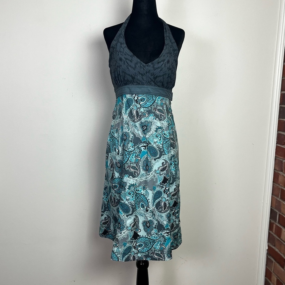 Halter Paisley A-Line Dress in Teal and Gray
